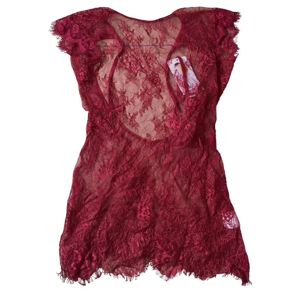 Shirley Chemise Womens S Red Lace Sheer Short Sleeve Scalloped Hem Sexy